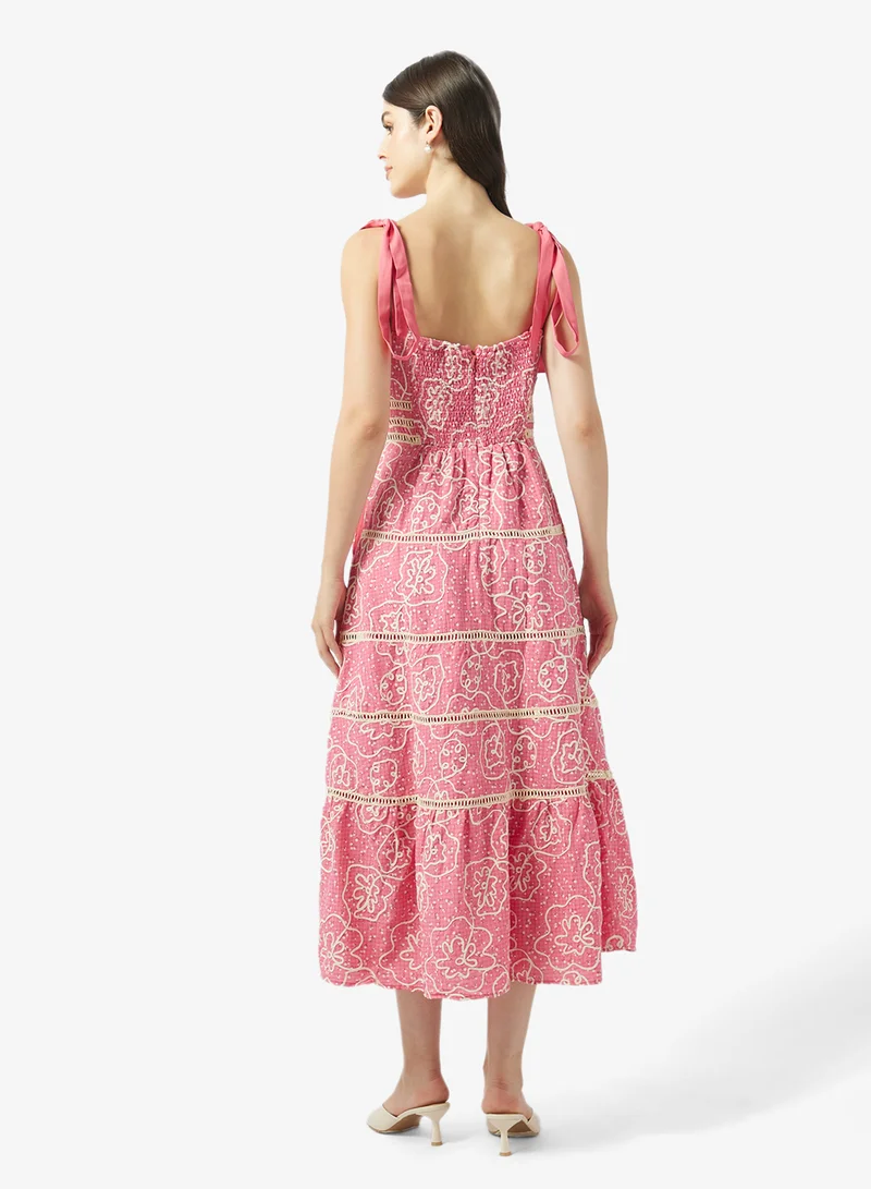 جاست مي فستان ميدي مطبوع بدون أكمام بتفاصيل دانتيل